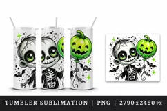 Watercolor cute zombie holding neon green balloon pumpkin Halloween print 20 oz tumbler skinny mug wrap clipart t-shirt sublimation printable design