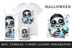 Watercolor cute zombie smile neon blue skateboard Halloween print 20 oz tumbler skinny mug wrap clipart t-shirt sublimation printable design