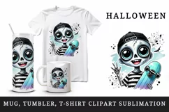 Watercolor cute zombie smile neon blue skateboard Halloween print 20 oz tumbler skinny mug wrap clipart t-shirt sublimation printable design