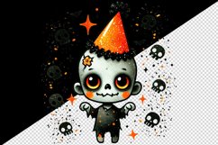 Watercolor cute zombie wearing neon orange party hat sparkles Halloween print tumbler skinny mug wrap clipart t-shirt sublimation printable design