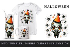 Watercolor cute zombie wearing neon orange party hat sparkles Halloween print tumbler skinny mug wrap clipart t-shirt sublimation printable design