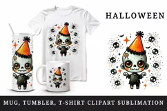 Watercolor cute zombie wearing neon orange party hat sparkles Halloween print tumbler skinny mug wrap clipart t-shirt sublimation printable design
