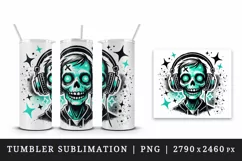 Watercolor cute zombie wearing neon teal headphones music Halloween print 20 oz tumbler skinny mug wrap clipart t-shirt sublimation printable design