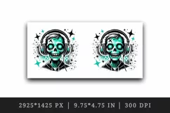 Watercolor cute zombie wearing neon teal headphones music Halloween print 20 oz tumbler skinny mug wrap clipart t-shirt sublimation printable design