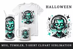Watercolor cute zombie wearing neon teal headphones music Halloween print 20 oz tumbler skinny mug wrap clipart t-shirt sublimation printable design