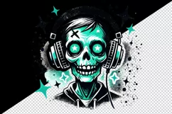 Watercolor cute zombie wearing neon teal headphones music Halloween print 20 oz tumbler skinny mug wrap clipart t-shirt sublimation printable design