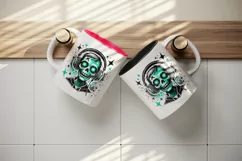 Watercolor cute zombie wearing neon teal headphones music Halloween print 20 oz tumbler skinny mug wrap clipart t-shirt sublimation printable design