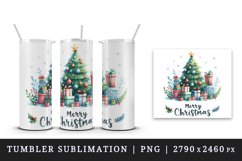 Watercolor decorated Christmas tree pile gifts Merry Christmas quote print 20 oz tumbler skinny mug wrap clipart t-shirt sublimation printable design