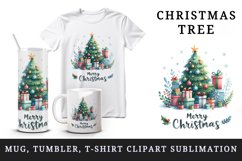 Watercolor decorated Christmas tree pile gifts Merry Christmas quote print 20 oz tumbler skinny mug wrap clipart t-shirt sublimation printable design