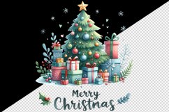 Watercolor decorated Christmas tree pile gifts Merry Christmas quote print 20 oz tumbler skinny mug wrap clipart t-shirt sublimation printable design