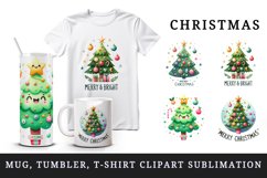 Watercolor decorated tree Merry and Bright Christmas quote New Year winter print tumbler skinny mug wrap clipart t-shirt sublimation printable design