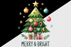 Watercolor decorated tree Merry and Bright Christmas quote New Year winter print tumbler skinny mug wrap clipart t-shirt sublimation printable design