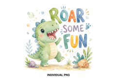 Cute watercolor dinosaur PNG with Roar Some Fun phrase for kids birthday party decor