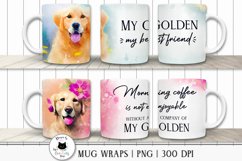 watercolor golden retriever dog png wraps shown on mugs