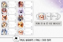 various mug wraps with watercolor dog illustrations