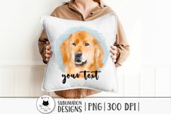 watercolor golden retriever dog png design shown on a pillow