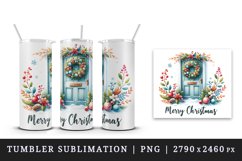 Watercolor door with beautiful Christmas wreath Merry Christmas quote print 20 oz tumbler skinny mug wrap clipart t-shirt sublimation printable design