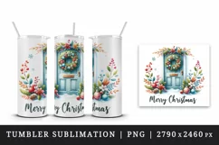 Watercolor door with beautiful Christmas wreath Merry Christmas quote print 20 oz tumbler skinny mug wrap clipart t-shirt sublimation printable design