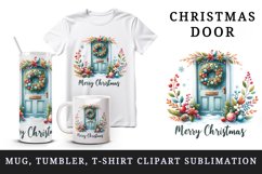 Watercolor door with beautiful Christmas wreath Merry Christmas quote print 20 oz tumbler skinny mug wrap clipart t-shirt sublimation printable design