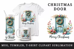 Watercolor door with beautiful Christmas wreath Merry Christmas quote print 20 oz tumbler skinny mug wrap clipart t-shirt sublimation printable design