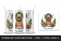Watercolor door with beautiful Christmas wreath Merry Christmas quote print 20 oz tumbler skinny mug wrap clipart t-shirt sublimation printable design