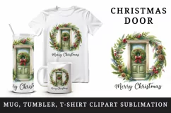 Watercolor door with beautiful Christmas wreath Merry Christmas quote print 20 oz tumbler skinny mug wrap clipart t-shirt sublimation printable design