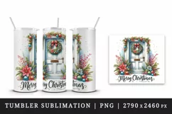 Watercolor door with beautiful Christmas wreath Merry Christmas quote print 20 oz tumbler skinny mug wrap clipart t-shirt sublimation printable design