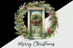Watercolor door with beautiful Christmas wreath Merry Christmas quote print 20 oz tumbler skinny mug wrap clipart t-shirt sublimation printable design