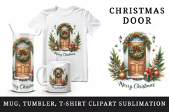 Watercolor door with beautiful Christmas wreath Merry Christmas quote print 20 oz tumbler skinny mug wrap clipart t-shirt sublimation printable design