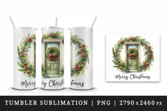 Watercolor door with beautiful Christmas wreath Merry Christmas quote print 20 oz tumbler skinny mug wrap clipart t-shirt sublimation printable design
