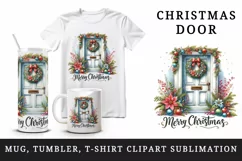 Watercolor door with beautiful Christmas wreath Merry Christmas quote print 20 oz tumbler skinny mug wrap clipart t-shirt sublimation printable design