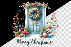 Watercolor door with beautiful Christmas wreath Merry Christmas quote print 20 oz tumbler skinny mug wrap clipart t-shirt sublimation printable design