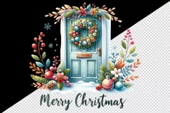 Watercolor door with beautiful Christmas wreath Merry Christmas quote print 20 oz tumbler skinny mug wrap clipart t-shirt sublimation printable design