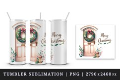 Watercolor door with beautiful wreath Merry Christmas quote print 20 oz tumbler skinny mug wrap clipart t-shirt sublimation printable design