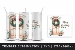Watercolor door with beautiful wreath Merry Christmas quote print 20 oz tumbler skinny mug wrap clipart t-shirt sublimation printable design