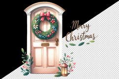 Watercolor door with beautiful wreath Merry Christmas quote print 20 oz tumbler skinny mug wrap clipart t-shirt sublimation printable design