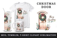 Watercolor door with beautiful wreath Merry Christmas quote print 20 oz tumbler skinny mug wrap clipart t-shirt sublimation printable design