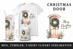 Watercolor door with beautiful wreath Merry Christmas quote print 20 oz tumbler skinny mug wrap clipart t-shirt sublimation printable design