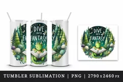 Watercolor dragon reading book forest sparkles Dive into Fantasy quote print 20oz tumbler skinny mug wrap clipart t-shirt sublimation printable design