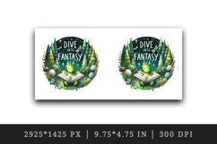 Watercolor dragon reading book forest sparkles Dive into Fantasy quote print 20oz tumbler skinny mug wrap clipart t-shirt sublimation printable design