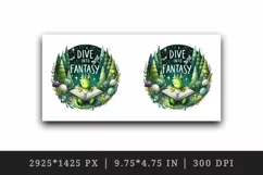 Watercolor dragon reading book forest sparkles Dive into Fantasy quote print 20oz tumbler skinny mug wrap clipart t-shirt sublimation printable design