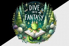 Watercolor dragon reading book forest sparkles Dive into Fantasy quote print 20oz tumbler skinny mug wrap clipart t-shirt sublimation printable design