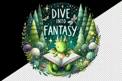 Watercolor dragon reading book forest sparkles Dive into Fantasy quote print 20oz tumbler skinny mug wrap clipart t-shirt sublimation printable design