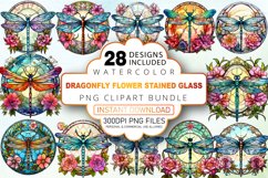 Watercolor Dragonfly Flower Stained Glass Clipart Bundle Product Image 1