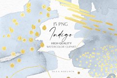 Dusty blue watercolor brush strokes png, Gold abstract png Product Image 1