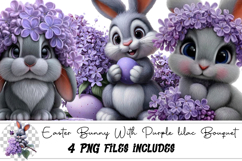 Watercolor Easter Bunny With Purple lilac Bouquet Clipart Product Image 1