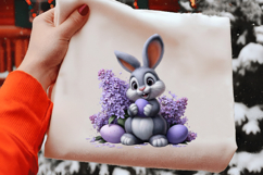 Watercolor Easter Bunny With Purple lilac Bouquet Clipart Product Image 2