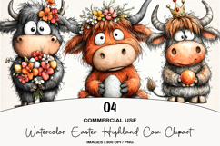 Watercolor Easter Highland Cow Clipart Product Image 1