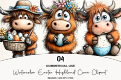 Watercolor Easter Highland Cows Clipart Product Image 1