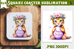 Easter Square Coaster | Watercolor Tiger | Happy Easter Product Image 1